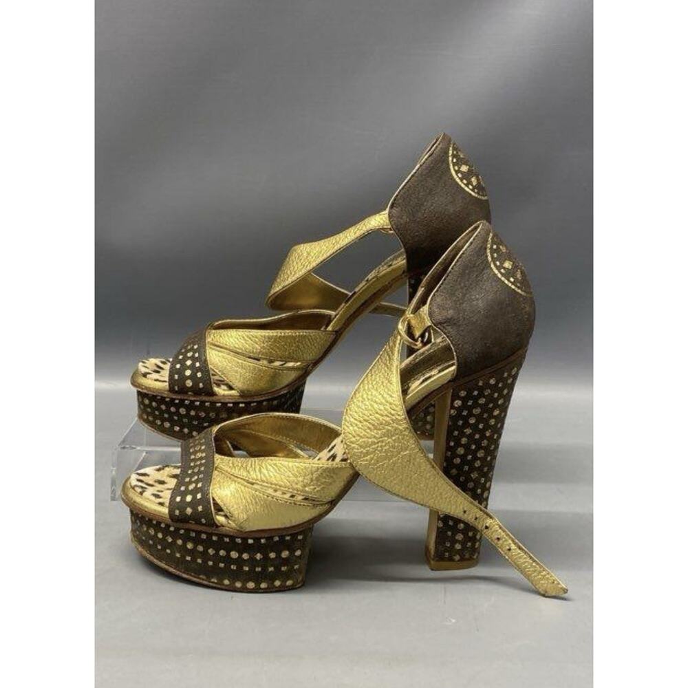 Roberto Cavalli Gold Strap Chunky Heel Sandlals Sz 35 Animal Print Platform Vero